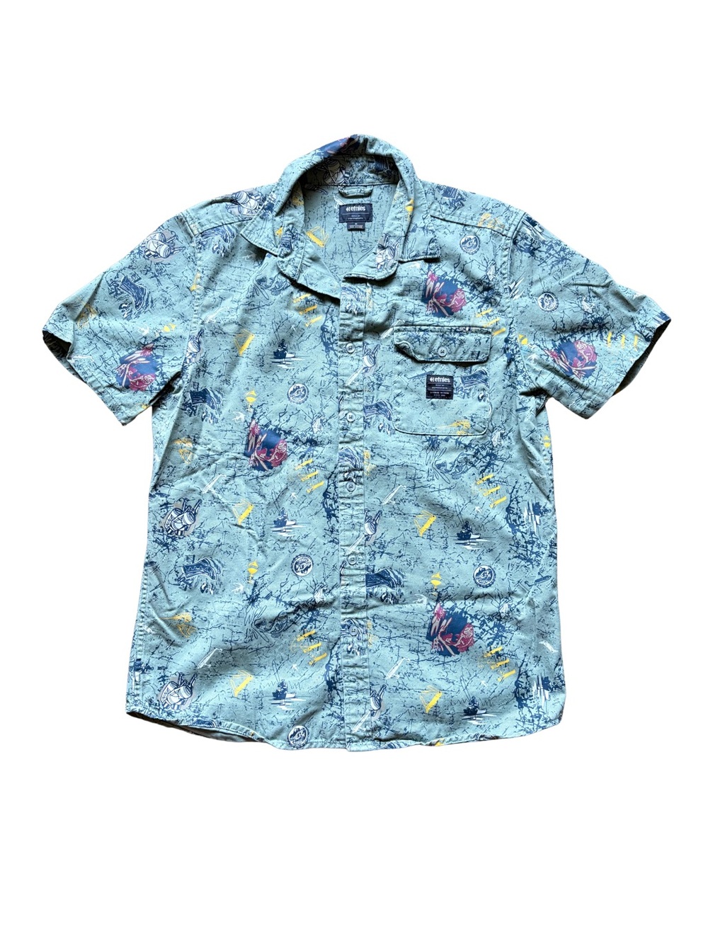 Etnies Light Blue Short Sleeve Button-Down with Pink & Yellow Accents